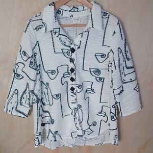 Et Lois Wearable Art White Button Front Shirt Black Scribble Face, Clocks Design